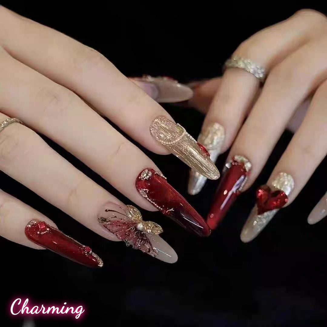 Red Dancing Butterfly / Handmade Nails