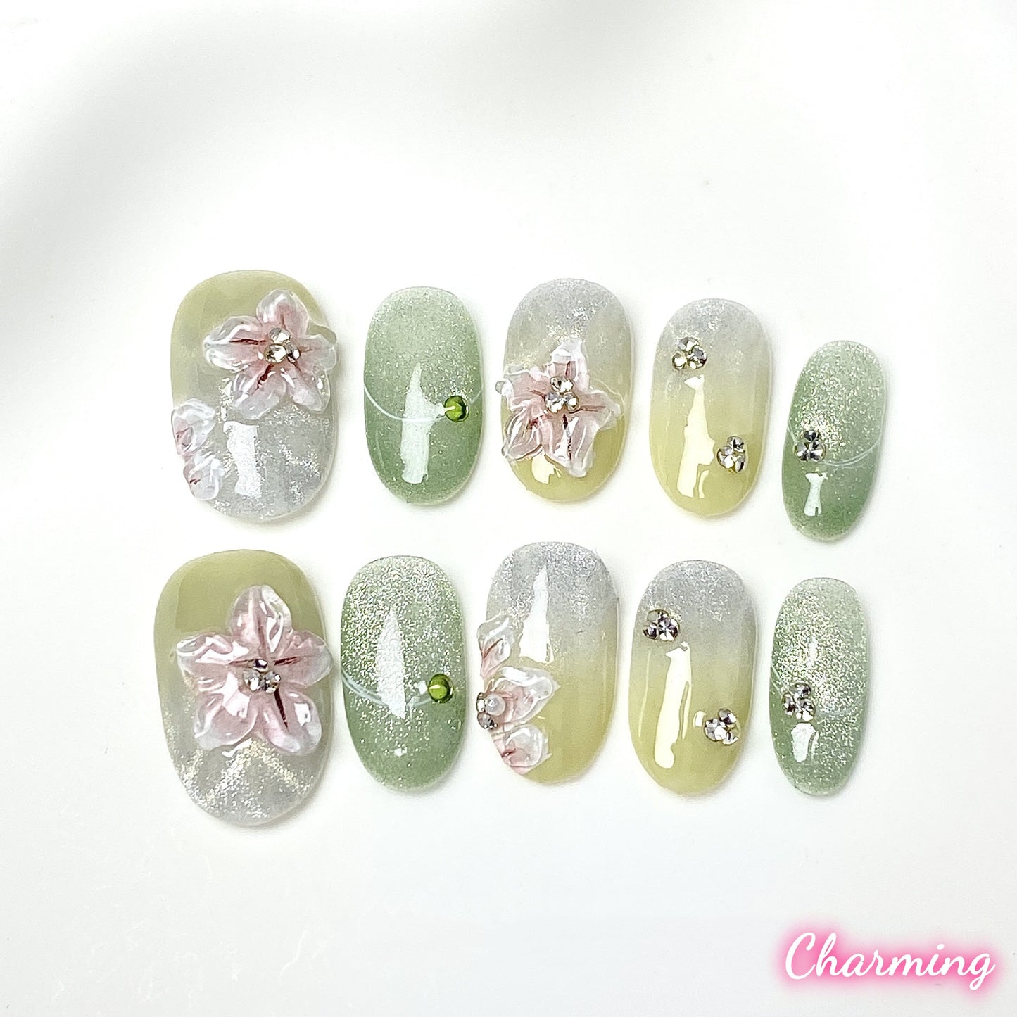 Green Floral Shimmer / Handmade Nails