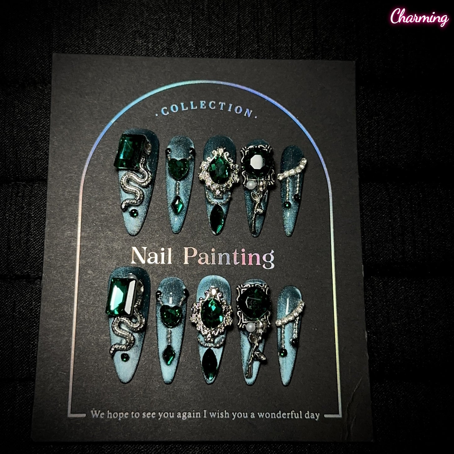 Green Scale Gem / Handmade Nails