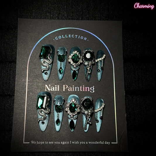 Green Scale Gem / Handmade Nails