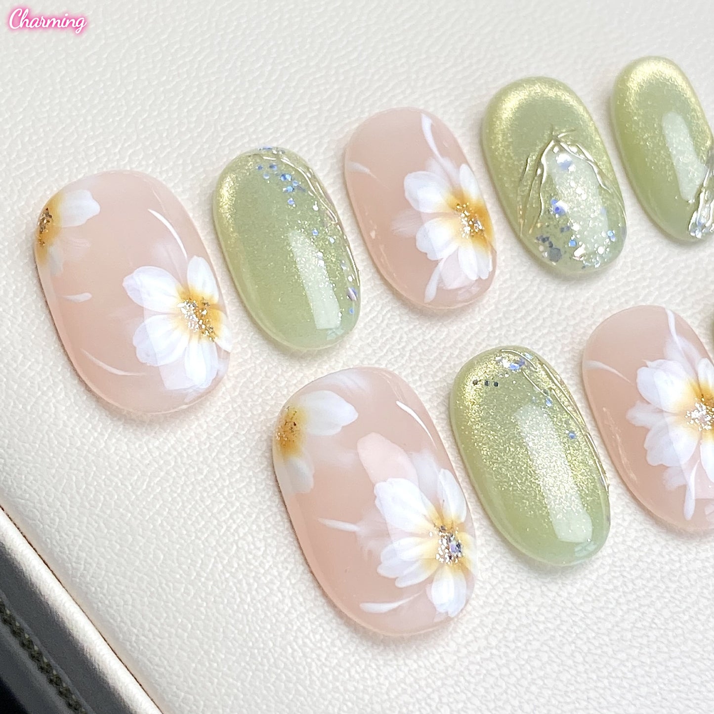 Ink Wash White Flower / Handmade Nails