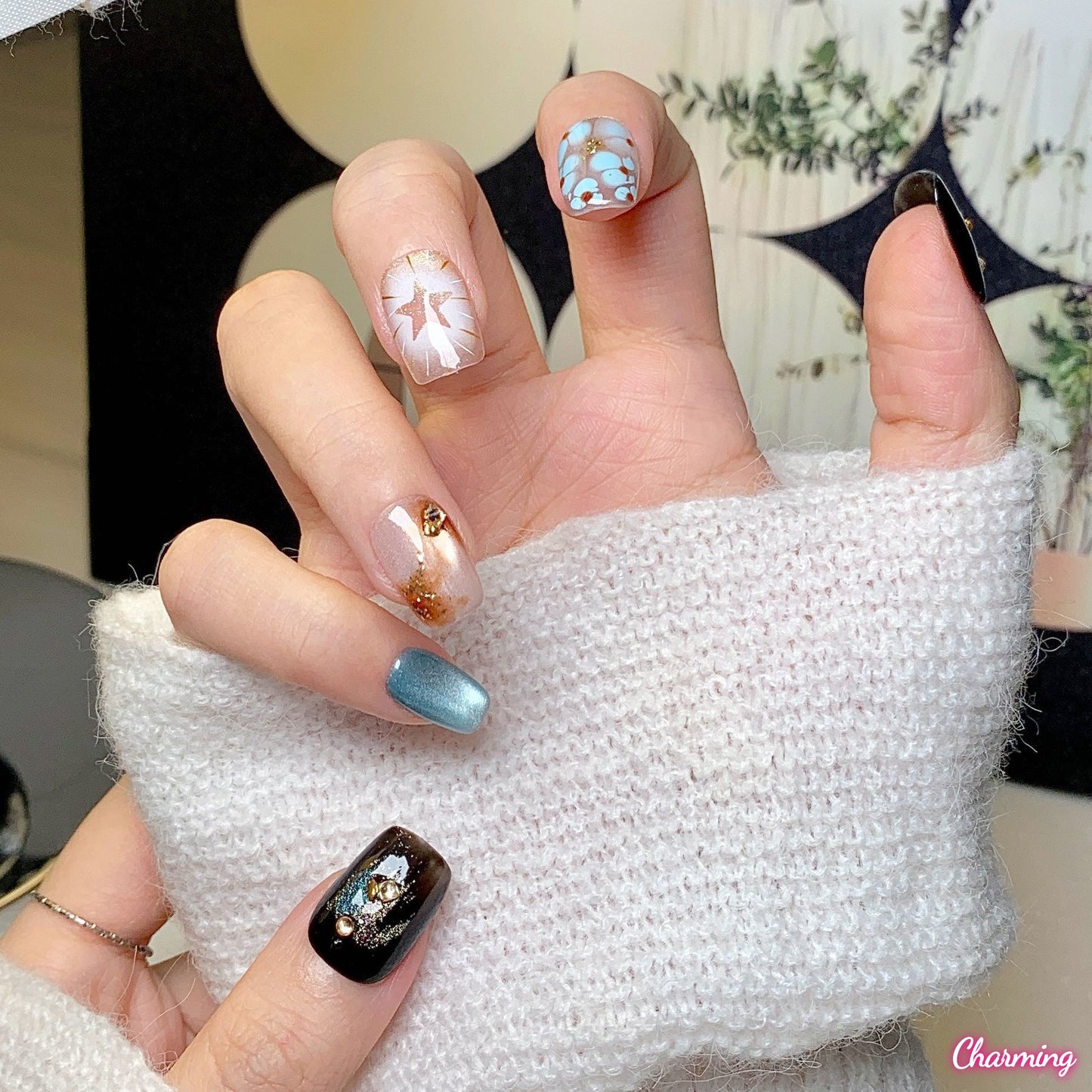 Black Blue Star Dot / Handmade Nails