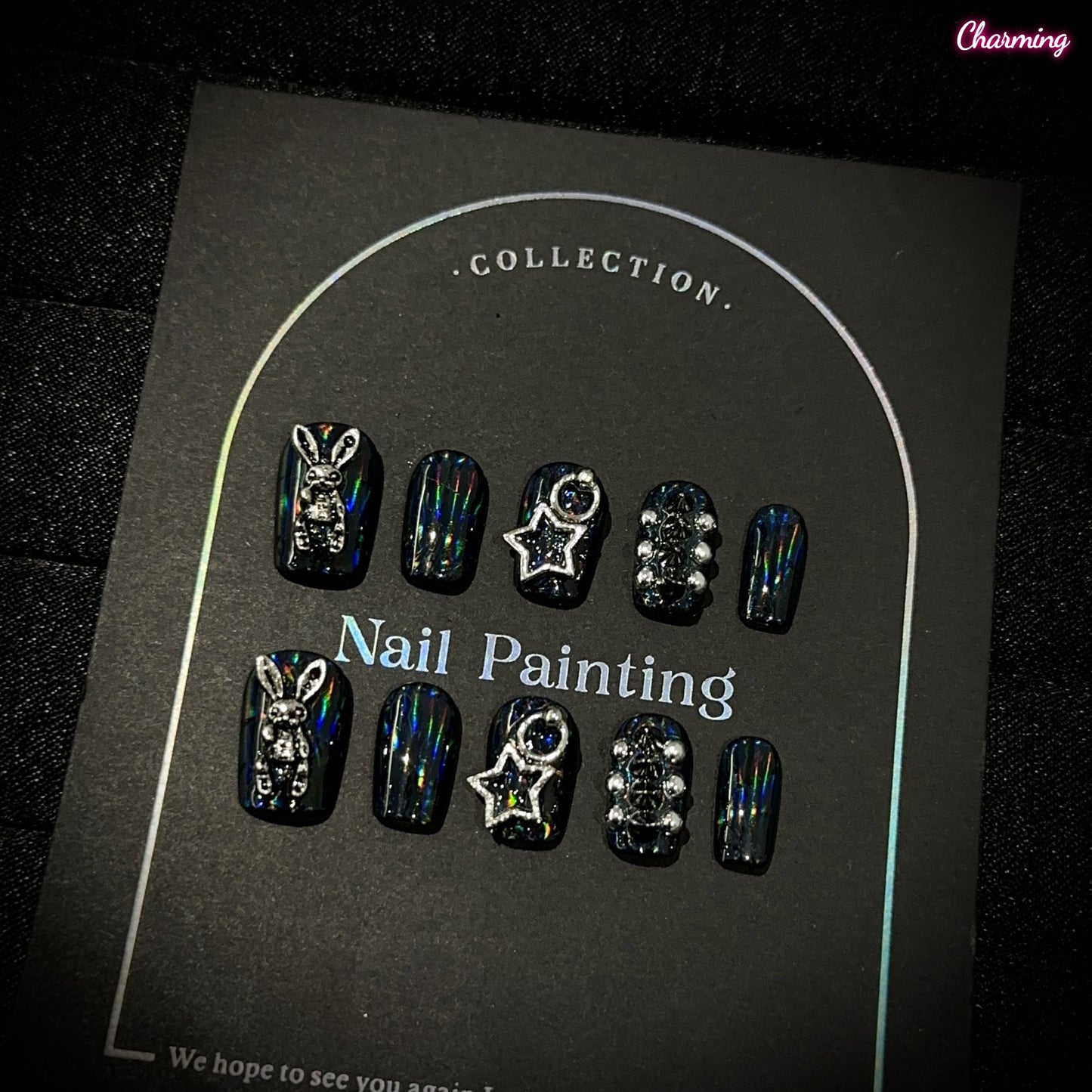 Iridescent Black Bunny / Handmade Nails