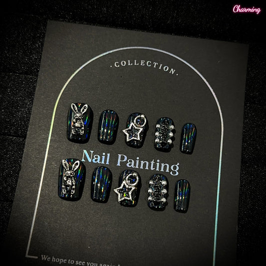 Iridescent Black Bunny / Handmade Nails