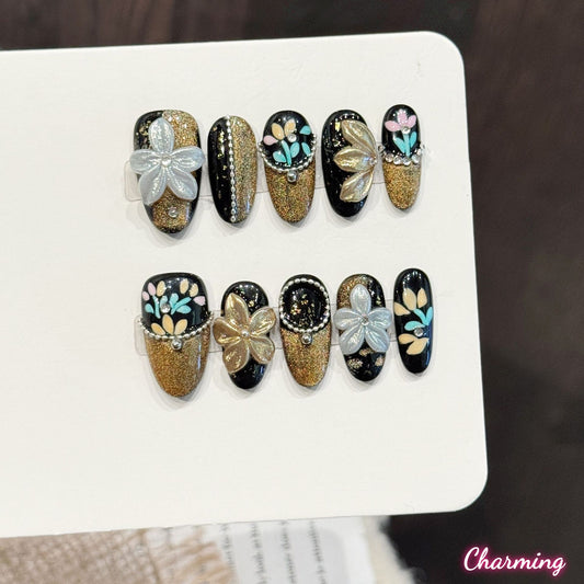 Obsidian Gold Butterfly / Handmade Nails