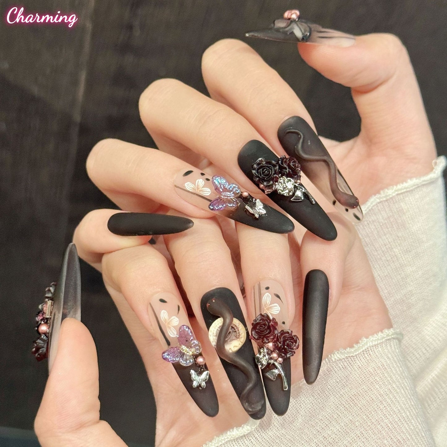 Midnight Serpent & Velvet Wings / Handmade Nails