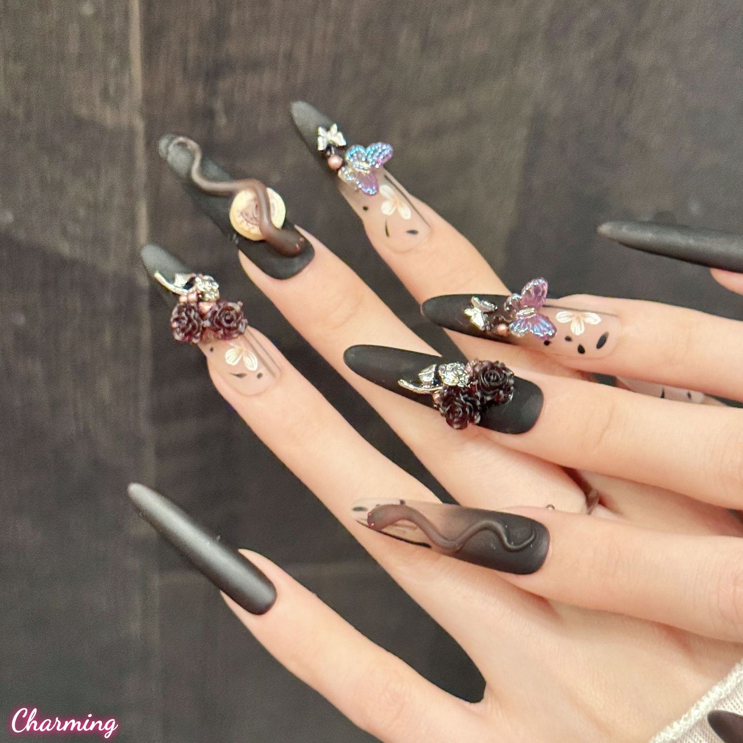 Midnight Serpent & Velvet Wings / Handmade Nails