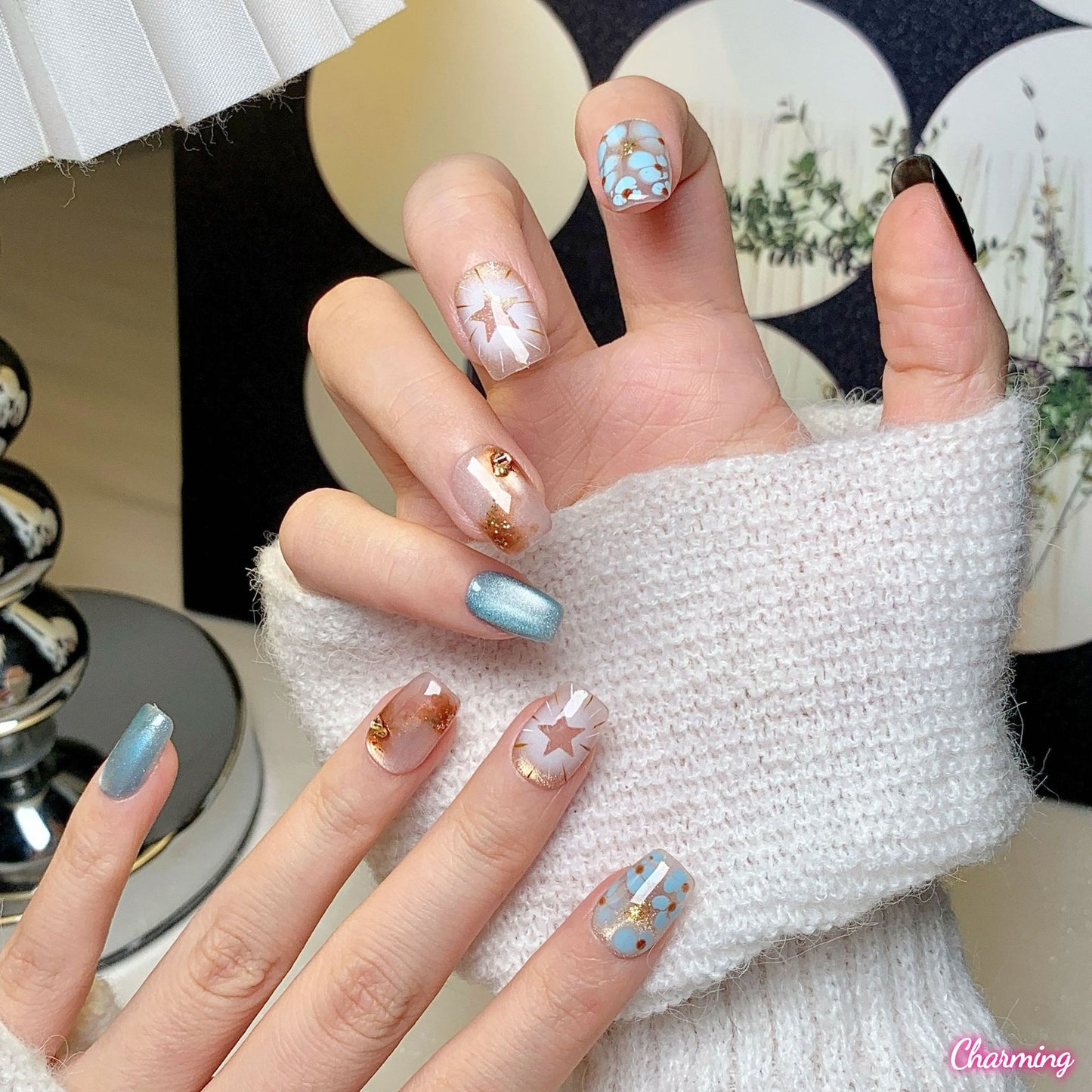 Black Blue Star Dot / Handmade Nails