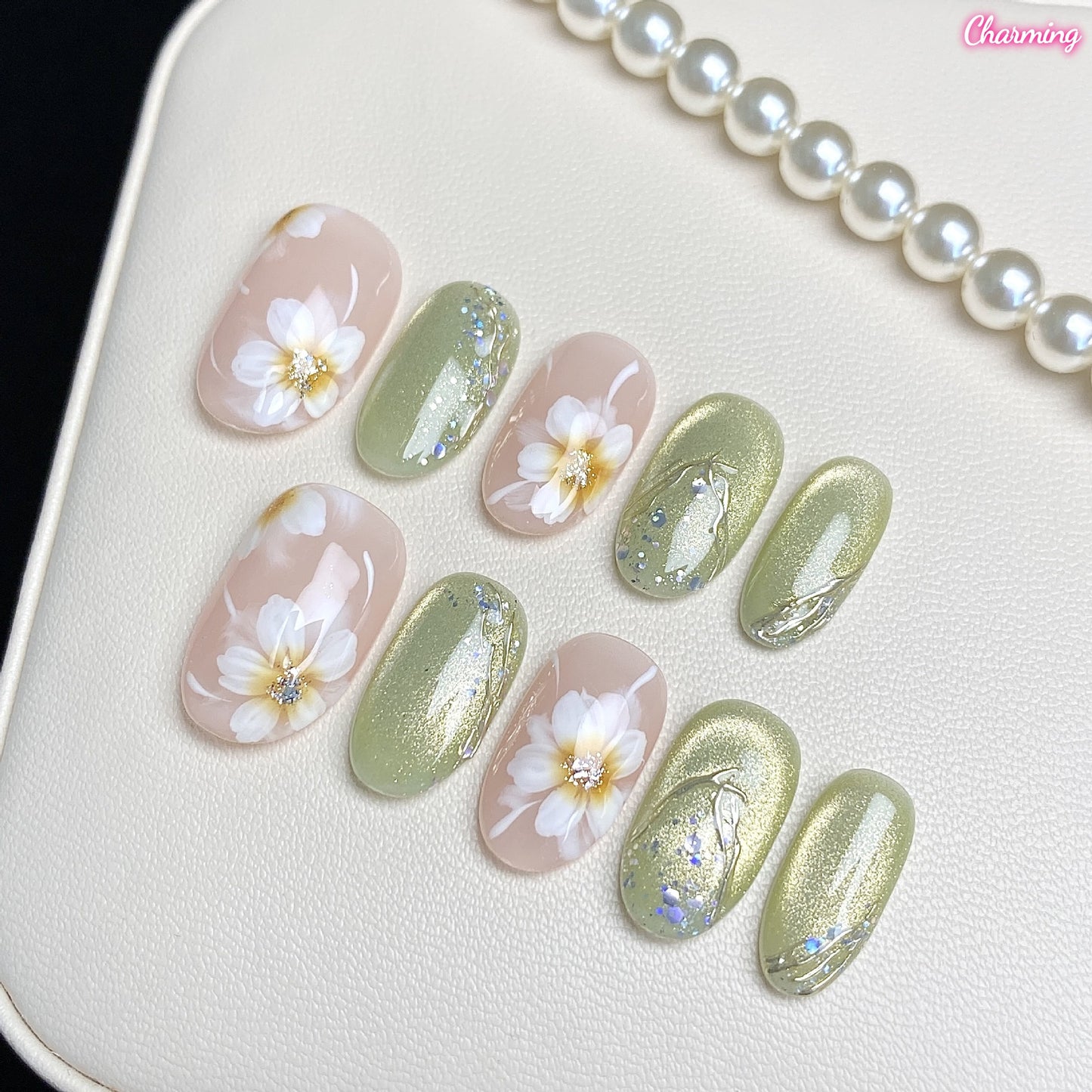 Ink Wash White Flower / Handmade Nails