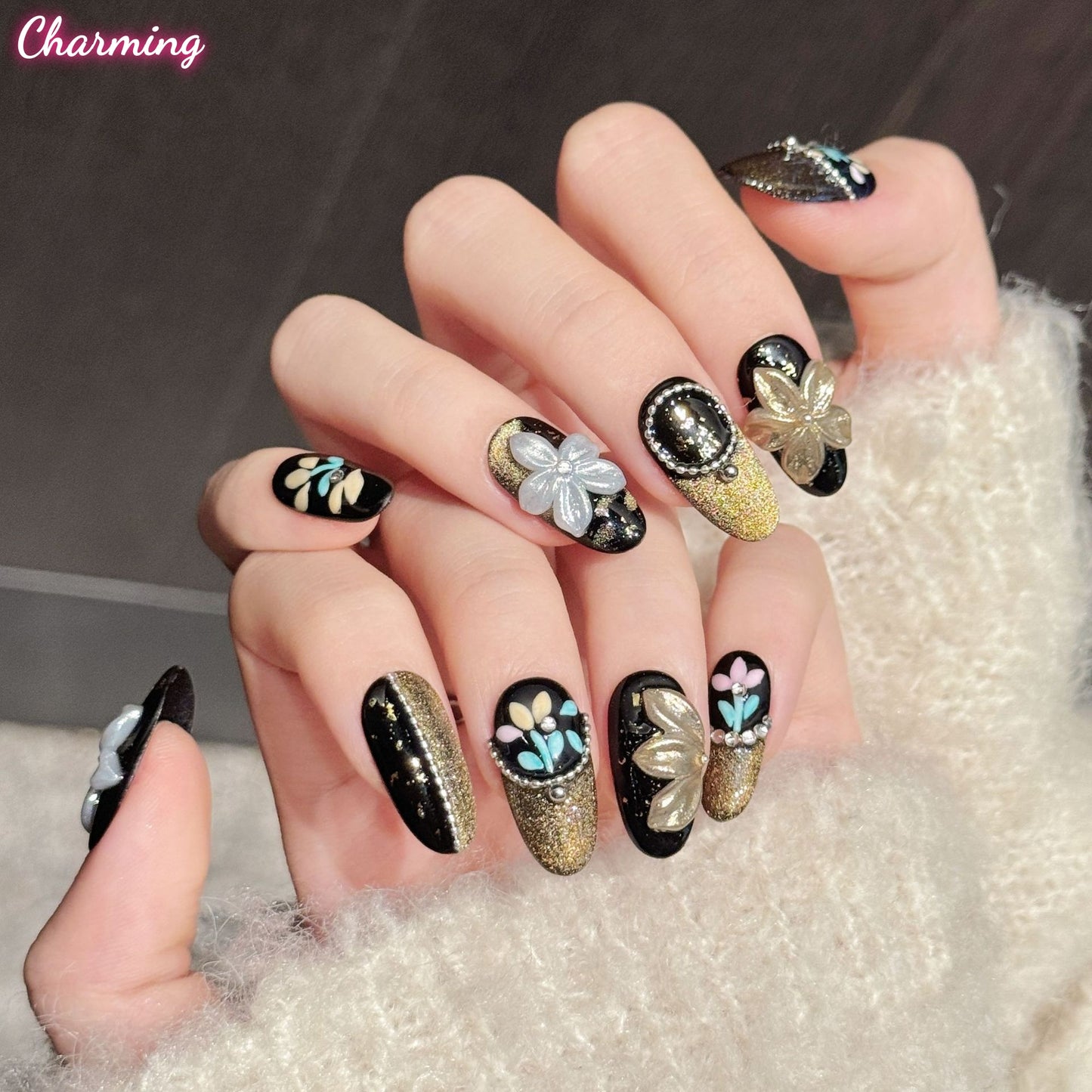Obsidian Gold Butterfly / Handmade Nails