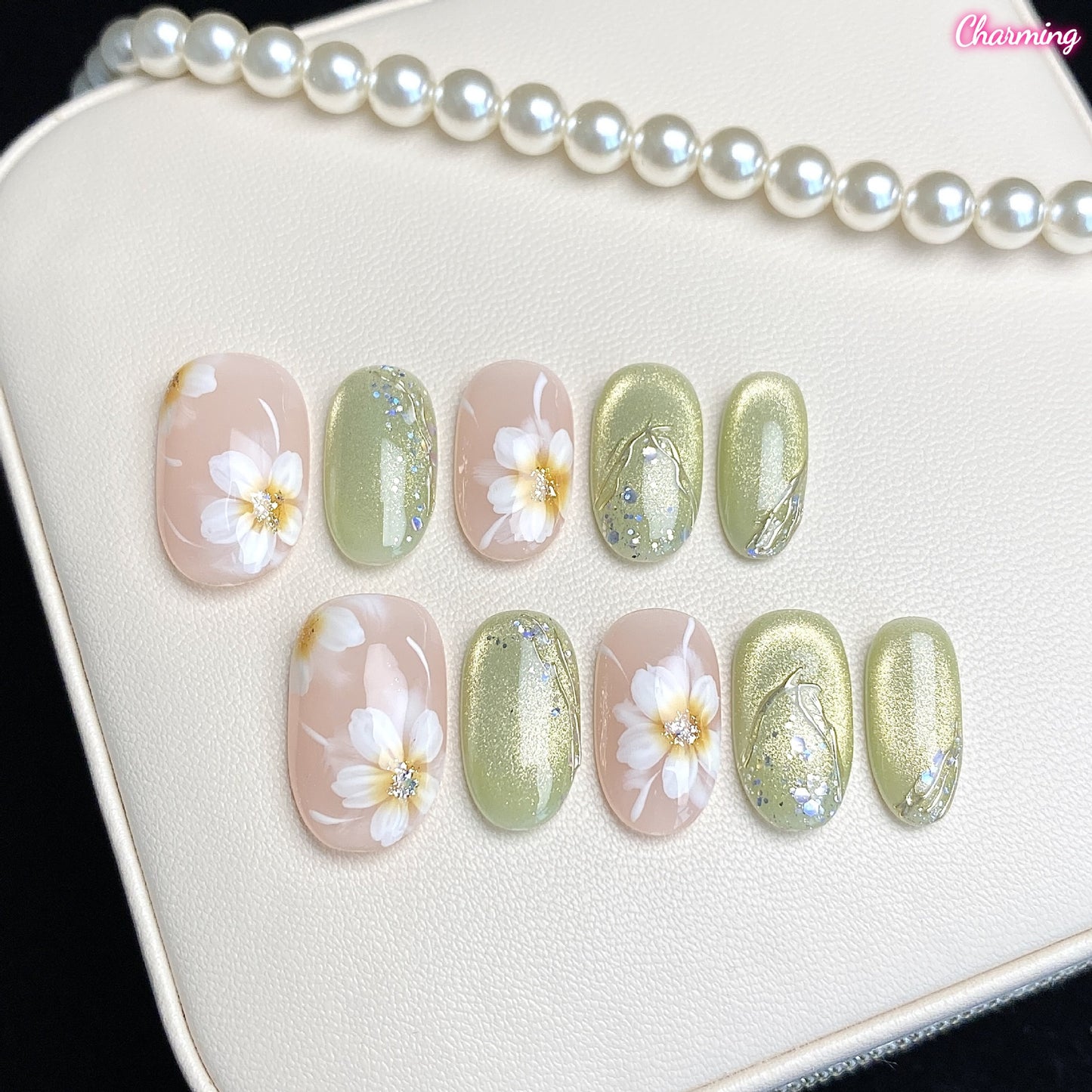 Ink Wash White Flower / Handmade Nails