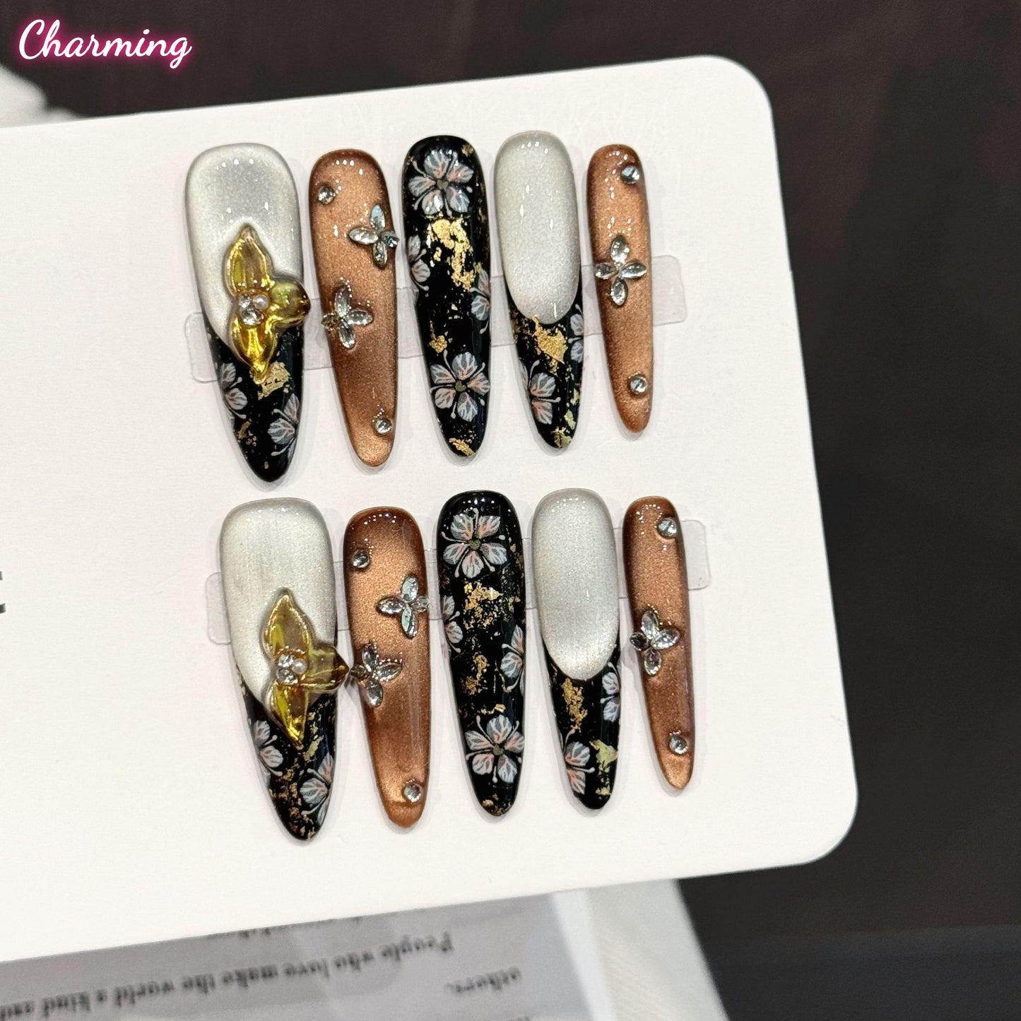 Golden Sakura on a Ink Wing / Handmade Nails