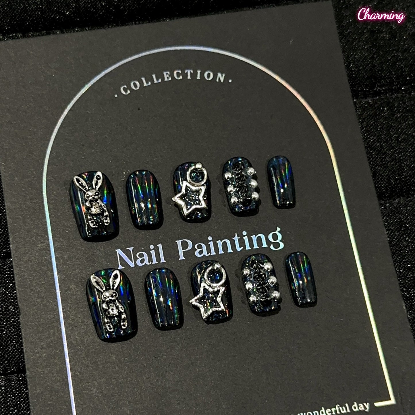 Iridescent Black Bunny / Handmade Nails