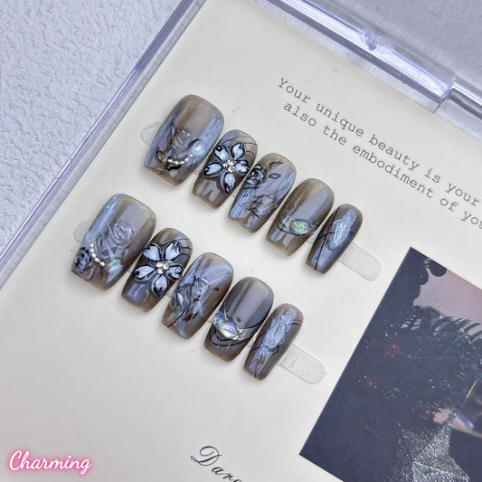 Petals in the Obsidian / Handmade Nails