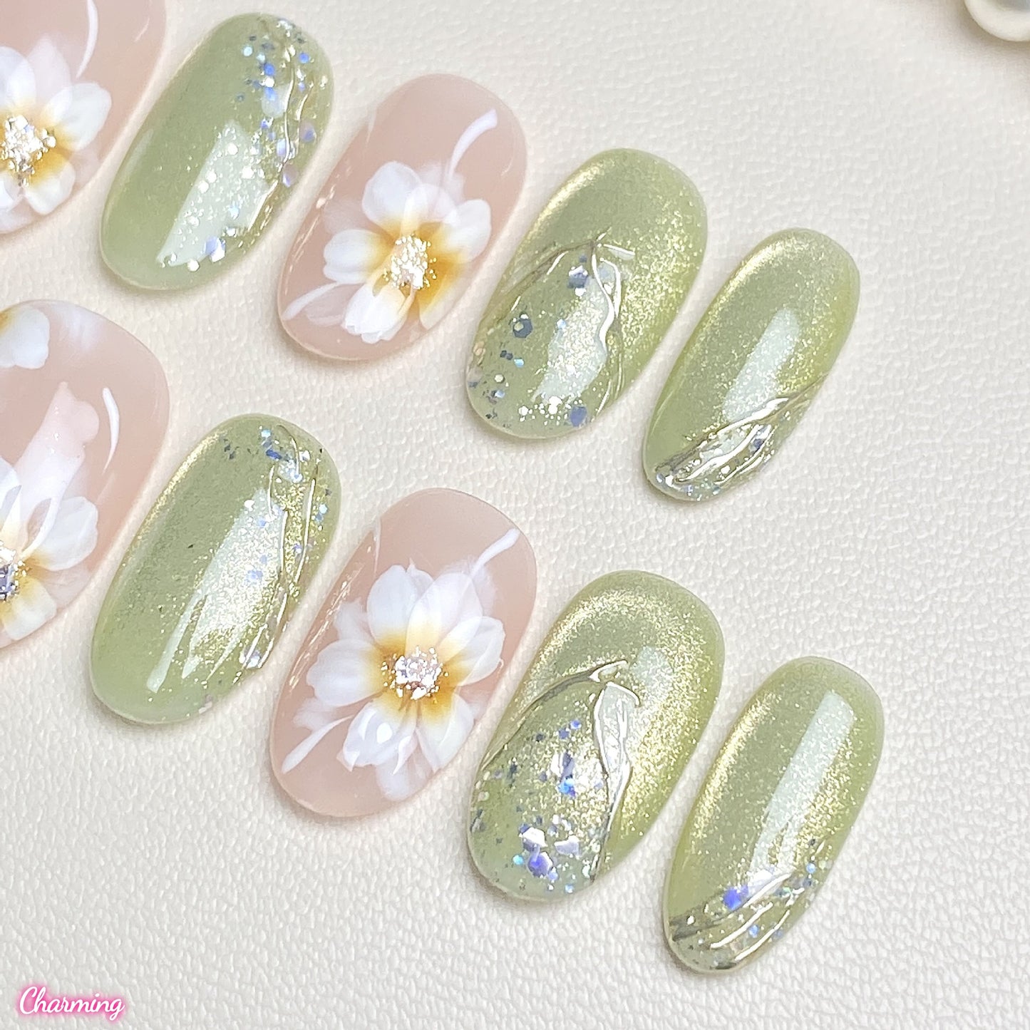 Ink Wash White Flower / Handmade Nails