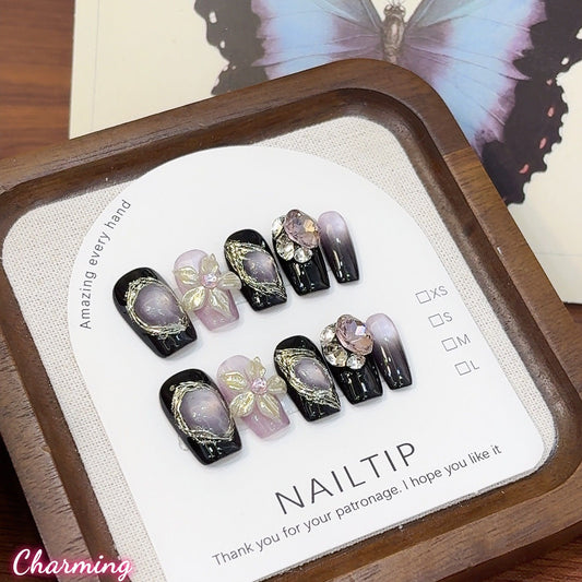 Lavender Noir Elegance / Handmade Nails
