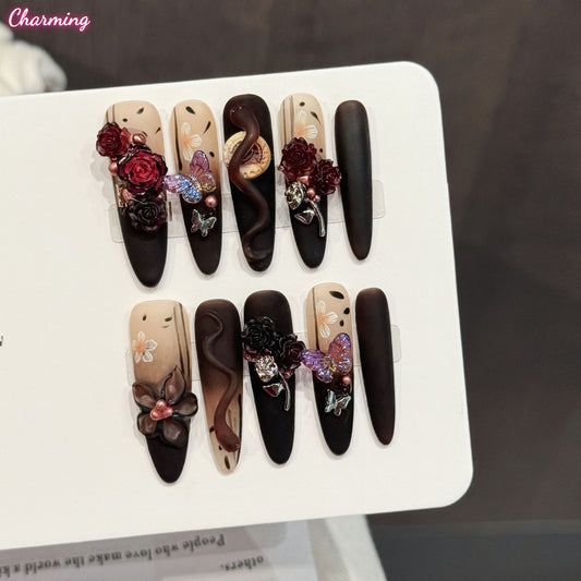 Midnight Serpent & Velvet Wings / Handmade Nails