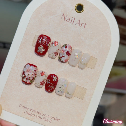 Crimson Peony / Handmade Nails