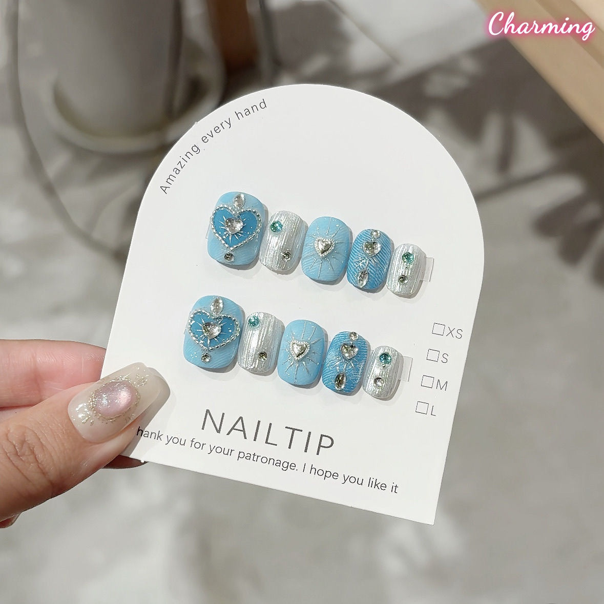 Baby Blue Hearts/ Handmade Nails