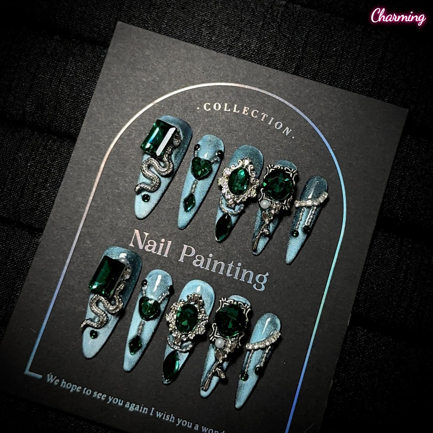 Green Scale Gem / Handmade Nails
